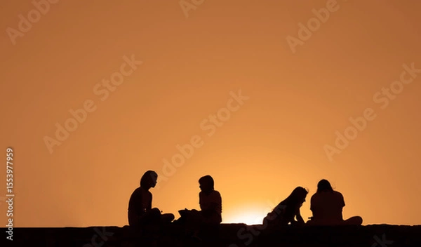 Obraz Silhouette back rear view of couple group people friends team sitting together on sunset sky evening time for business success and teamwork concept in company. Kalemegdan fortress. sunrays bokeh