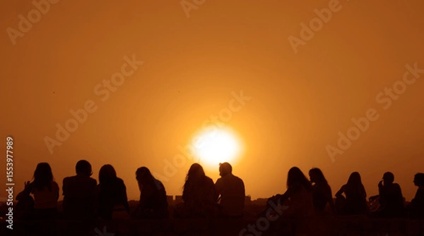 Obraz Silhouette back rear view of group happy people friends team sitting together on sunset sky evening time for business success and teamwork concept in company. Kalemegdan fortress. sunrays bokeh