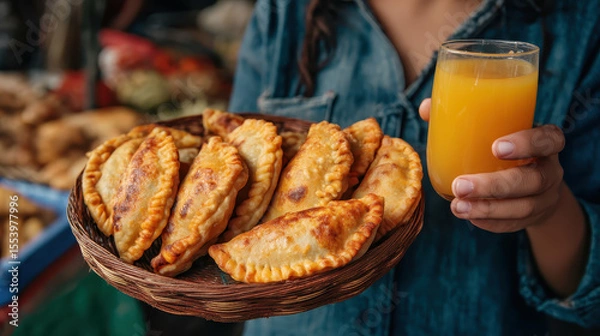 Obraz Person Holding Basket of Fresh Empanadas with Juice