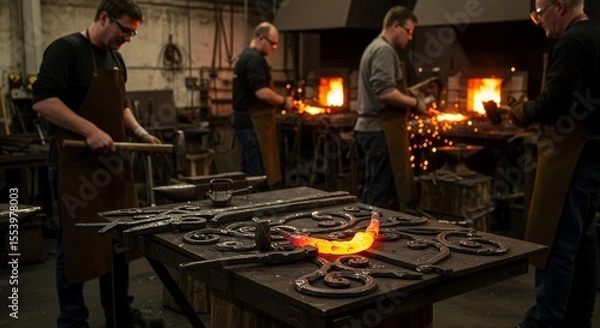 Fototapeta Fiery Forges: Master Blacksmiths Craft Intricate Metalwork in a Traditional Workshop