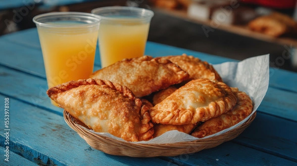 Obraz Croissants with Orange Juice on Blue Table