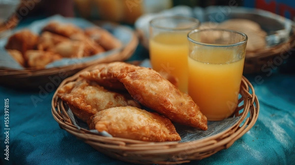 Obraz Fried Pastries with Juice on Outdoor Table
