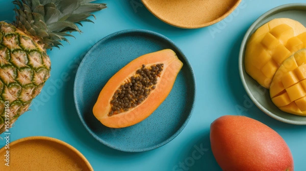 Obraz Top View of Sliced Papaya, Mango, and Pineapple