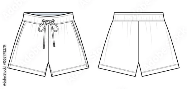 Obraz Drawstring Waist Shorts Technical Fashion Illustration. Wide-Leg Shorts with Side Pockets Vector Template. Relaxed Fit. Elastic Waistband. Front and Back View design. Unisex Athleisurewear. CAD Mockup