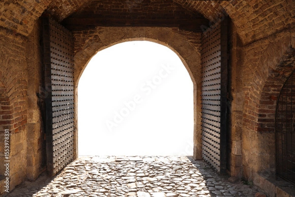 Obraz mock-up. exterior View from the ancient stone window, Medieval stone arch, mockup. Arch in stone wall. window, arch at the entrance of temple, church. mock up. door frame in a stoned wall. isolated