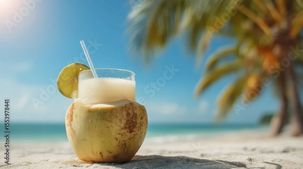 Obraz Coconut Cocktail on Beach with Palm Background