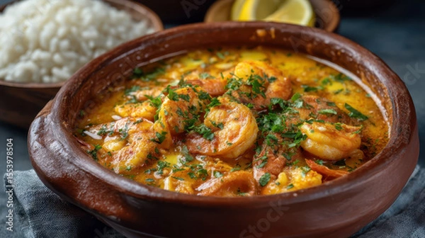 Obraz Seafood Stew with Rice in Clay Pot