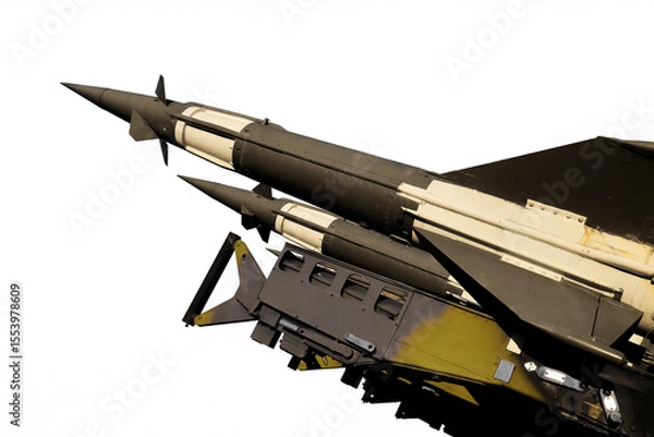 Obraz isolated on white background. weapons, military S-125 NEVA Pechora SA-3 Goa air defence complex. Ml 5p 73 missile. 5v 27du. atomic nuclear ballistic rocket with 4 four rocket