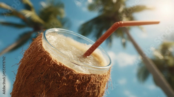 Obraz Fresh Coconut Drink with Straw on Beach