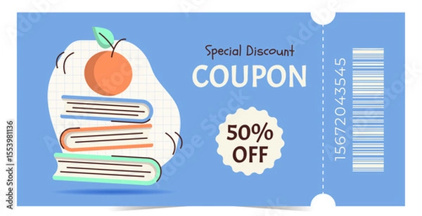 Fototapeta Modern gift voucher template with apple and books. Design for promotions, discounts, rewards and marketing materials. Flat vector illustration