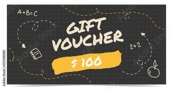 Fototapeta Gift voucher template with handwritten school elements in doodle style as frame around. Black chalkboard and checkered paper on background. Vector illustration. Back to school theme