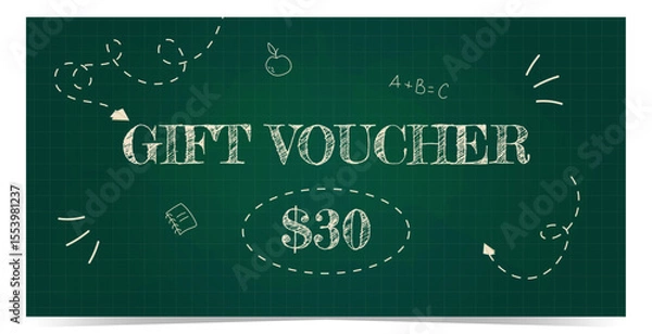 Fototapeta Gift voucher template with handwritten school elements in doodle style as frame around. Green chalkboard and checkered paper on background. Vector illustration. Back to school theme