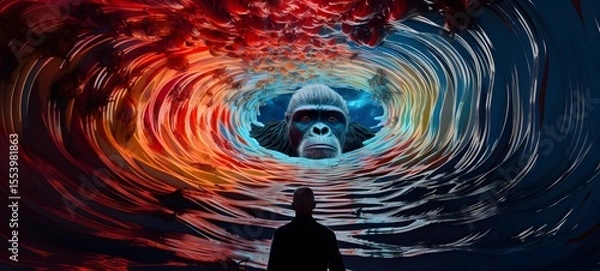 Obraz pop surreal unreal silhouettes spiral towards white gorilla, ai generatif