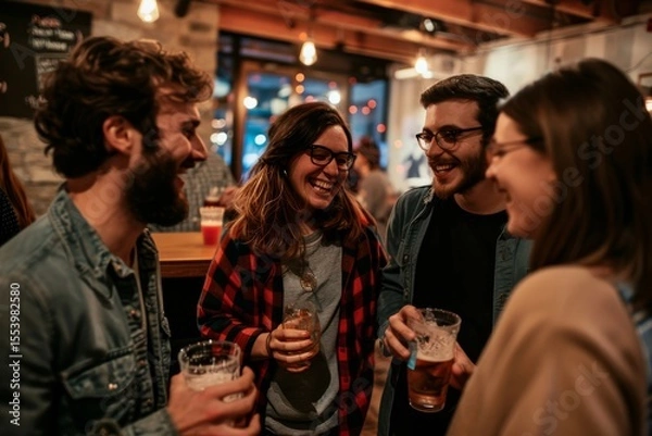 Obraz Group of friends having fun together in a pub, drinking beer and laughing