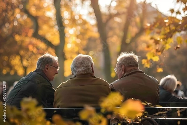 Obraz Group of elderly people sitting on a bench in the autumn park.