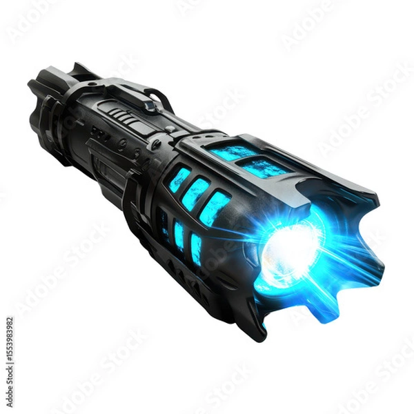Obraz Sleek, dark gray futuristic weapon emitting vibrant cyan energy from its front, detailed with intricate mechanical designs and glowing blue accents