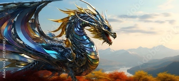 Obraz A haunted gothic dragon perched on a wind-swept hill, ai generatif