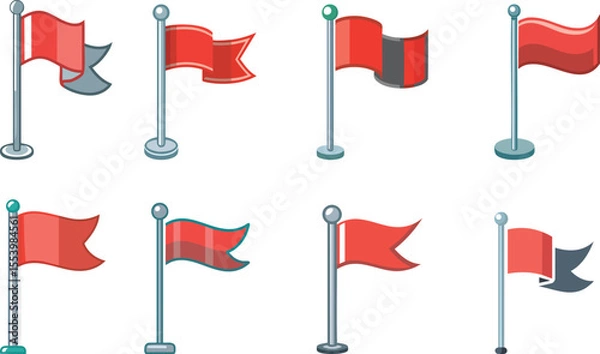 Fototapeta Vector Illustration of Eight Whimsical Cartoon Red Flags in a Grid Layout on Metallic Flagpoles with Unique Wave Patterns and Playful Children's Book Style

