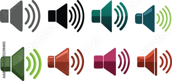 Fototapeta Vector Grid of Eight Stylized Speaker Icons in Vibrant Colors with Radiating Sound Waves and Glossy Flat Design Aesthetic for Audio, Music, and Technology Themes

