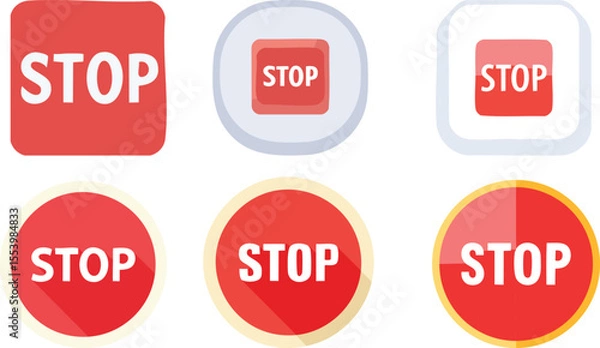 Fototapeta Vector Illustration of Six Modern STOP Icons in a Two-by-Three Grid Layout Featuring Square and Circular Designs in Bold Red, White, and Yellow Tones

