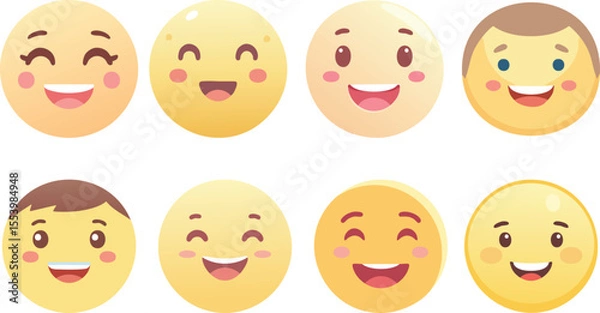 Fototapeta Vector Illustration of Eight Cheerful Cartoon Emoji Faces Arranged in Two Rows on a White Background with Warm Yellow Tones and Stylized Smiles for Friendly Design Themes

