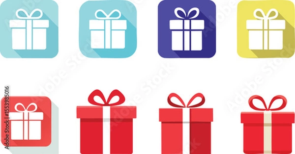 Fototapeta Create a digital illustration featuring eight stylized gift box icons arranged in a two-by-four grid. The top row showcases gift boxes in pastel shades: the first two are light blue