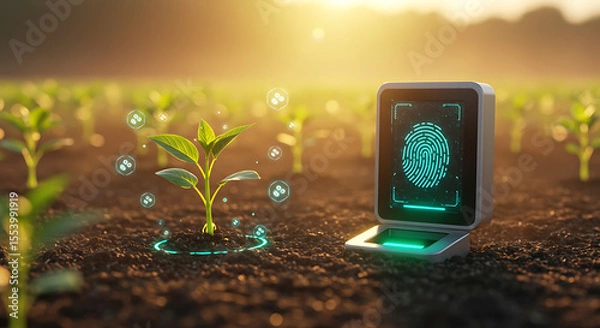 Fototapeta Biometric Data Farming Concept with Plant Growing from Fingerprint Scanner and Nutrient Holograms