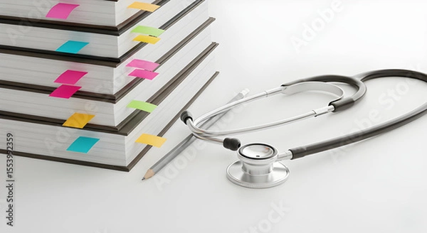 Fototapeta Medical stethoscope laying on a stack of books with colorful bookmarks.