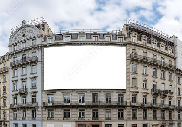 Fototapeta A blank billboard on a beautiful building, ready for your message.