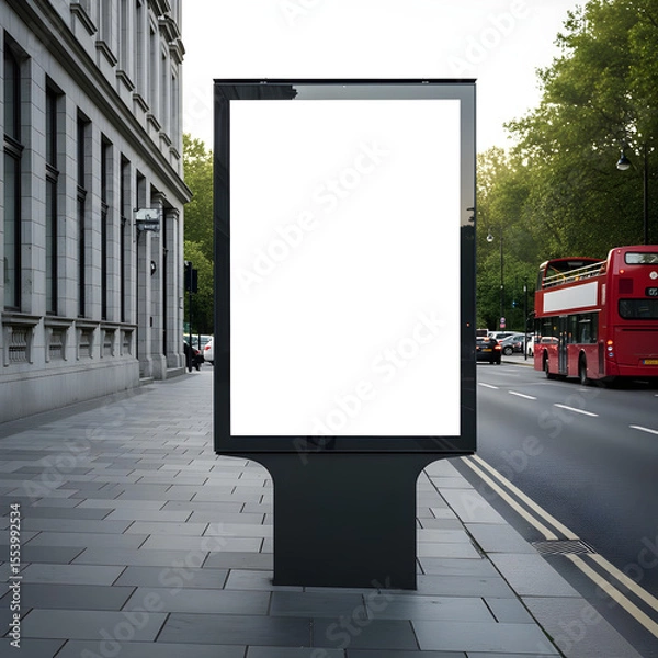Fototapeta A blank billboard in an urban setting with a red double-decker bus driving past.