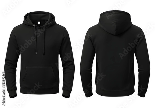 Fototapeta A blank black hoodie, showcasing both front and back views, perfect for design presentations.