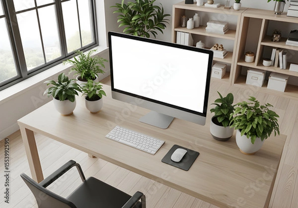 Fototapeta Modern workspace with a blank computer screen and lush green plants.