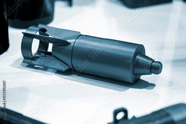 Fototapeta Bomb. Bomb model for drone. Model of bomb printed on 3D printer from melted plastic. Body of bomb with tail created on 3D printer. Prototype of ammunition printed on 3D printer. Innovation 3d printing