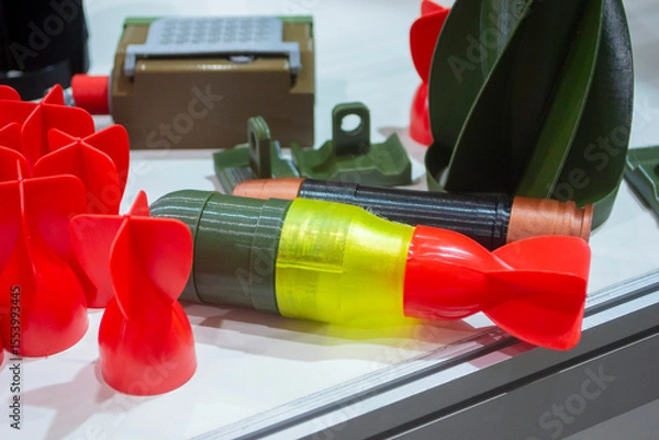 Fototapeta Bomb. Bomb model for drone. Model of bomb printed on 3D printer from melted plastic. Body of bomb with tail created on 3D printer. Prototype of ammunition printed on 3D printer. Innovation 3d printing