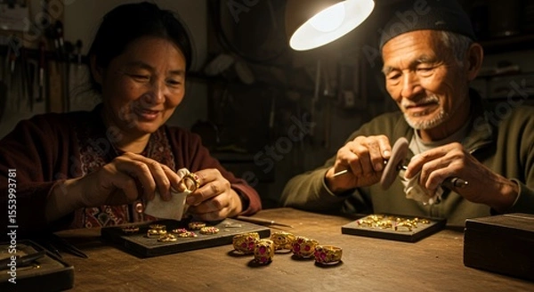 Obraz Skilled Hands Craft Exquisite Ruby Rings in a Warm, Intimate Workshop