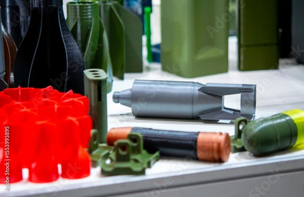 Fototapeta Bomb. Bomb model for drone. Model of bomb printed on 3D printer from melted plastic. Body of bomb with tail created on 3D printer. Prototype of ammunition printed on 3D printer. Innovation 3d printing