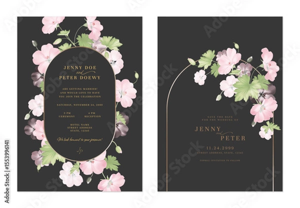Obraz Wedding invitation and save the date template set feature gold-toned metallic arch frames, adorned with delicate pink Geranium Mavis Simpson flowers and leaves on a dark gray background