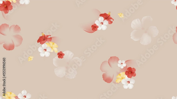 Obraz Floral seamless pattern features scattered clusters of red, white, and yellow hibiscus flowers, along with faint, large, light-colored hibiscus silhouettes on a soft brown background