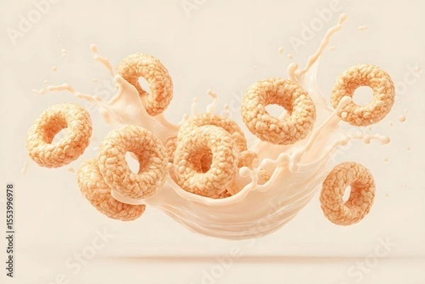 Fototapeta A splash of milk with cereal rings, offering a sense of refreshment and deliciousness. The cereal rings are golden brown, beautifully presented amid a dynamic splash of fresh milk