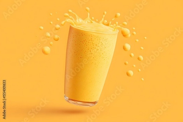 Fototapeta A vibrant shot of a yellow drink splashing out of a glass against a yellow backdrop