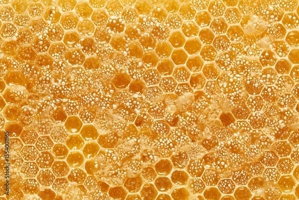 Fototapeta Honeycomb texture background, golden honey in honeycomb cells. Close-up view of honey in honeycomb