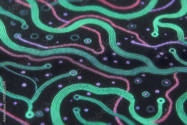 Fototapeta Abstract design of flowing lines and dots with a dark background, reminiscent of circuits or neural networks
