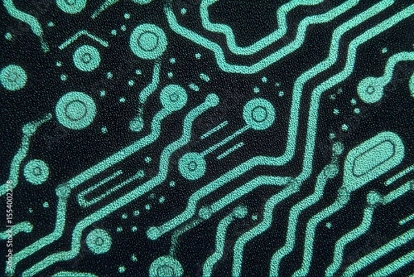Fototapeta Close-up view of an abstract circuit board pattern in vibrant teal against a black background