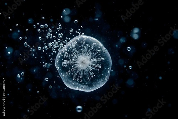 Fototapeta Captivating close-up shot of an ice bubble in mid-air, with a dark background and bubbles surrounding it. The ice bubble sparkles and its intricate details are highlighted.