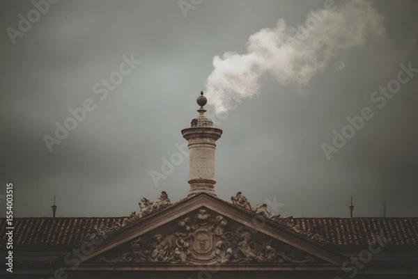 Fototapeta Smokestack billowing smoke against a cloudy sky, showing an industrial atmosphere
