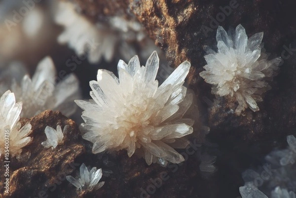 Fototapeta Close-up shot of a cluster of delicate, creamy white crystals sprouting from dark brown rock. The crystals resemble miniature flowers with needle-like formations.