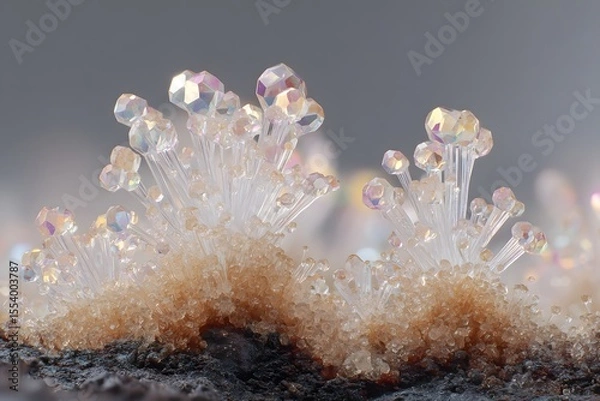 Fototapeta Close-up view of iridescent crystals resembling tiny, delicate trees growing from a brown substrate