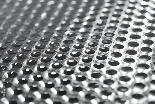 Fototapeta A close-up of a textured metal sheet with an array of circular perforations, demonstrating a pattern of uniform holes