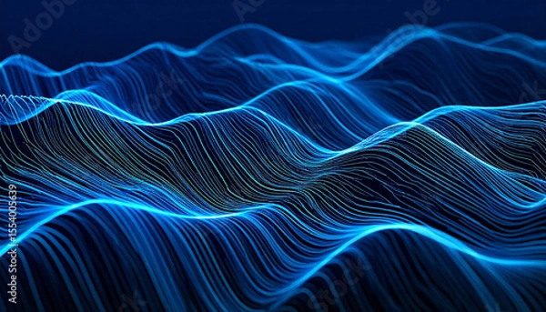 Fototapeta Abstract digital landscape of undulating lines.  Blue glowing, interwoven lines create a dynamic, wavy terrain effect against a dark background