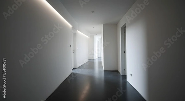 Obraz A long white hallway with dark floors and recessed lighting leading to a bright open space ahead